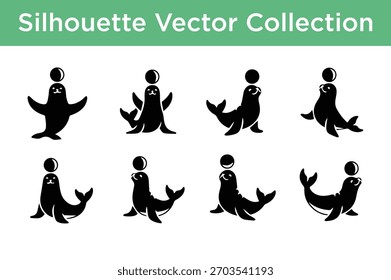 Una colección de siluetas de Vector negro con focas juguetonas y leones marinos en varias poses, algunas equilibrando una pelota. Ideal para proyectos de diseño.