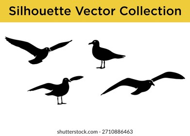 Uma coleção de silhuetas vetoriais pretas com gaivotas em diferentes poses, incluindo voando e de pé.
