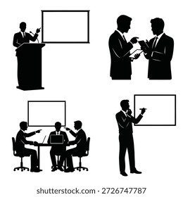 Colección de siluetas de Vector negro con hombres de negocios dando discursos y discutiendo proyectos en los escritorios de trabajo