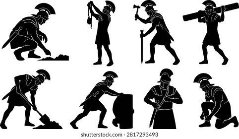 A collection of black vector silhouettes featuring ancient Roman legionnaires digging with shovels, carrying timber, hammering stakes, and constructing military camps.