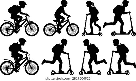 A collection of black vector silhouettes featuring children carrying backpacks while riding bicycles and kick scooters. Ideal for back to school concepts, active kid lifestyles, safe road transportation themes, and youth sports designs.