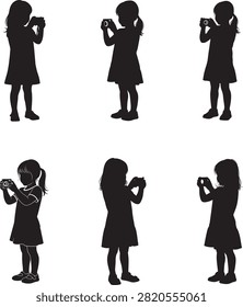 A collection of black vector silhouettes featuring young girls holding cameras in various poses, capturing moments. Ideal for themes related to childhood, photography, and creative activities.