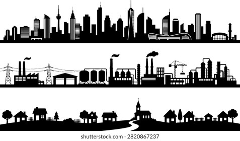 A collection of black vector silhouettes featuring a modern city skyline, an industrial factory complex, and a suburban village. This versatile graphic set is perfect for urban planning, industrial, and residential design themes.
