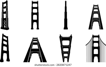 A collection of black vector silhouettes featuring Golden Gate Bridge suspension towers viewed from front, side, low-angle perspective, and isometric angles for architectural and landmark designs.