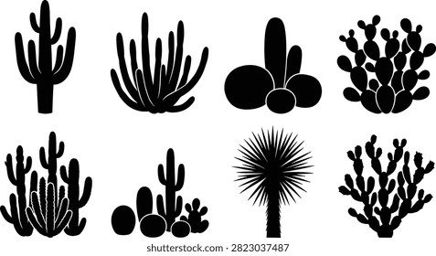 A collection of black vector silhouettes featuring various desert cacti and succulent plants including saguaro, prickly pear, organ pipe cactus, barrel cactus, and yucca. Ideal for southwestern themes, botanical branding, summer graphics, and landscape design projects.
