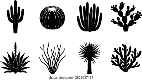 A collection of black vector silhouettes featuring various desert cacti and succulent plants including saguaro, barrel cactus, organ pipe, prickly pear, agave, ocotillo, and yucca. Ideal for southwestern branding, desert-themed decor, summer graphics, and landscape design projects.