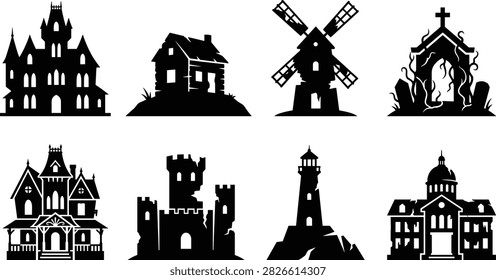 A collection of black vector silhouettes featuring spooky haunted houses, ruined castles, scary churches, and abandoned structures. Perfect for Halloween party invitations, horror themed banners, graphic design projects, and seasonal decorations.