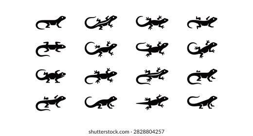 A collection of black vector silhouettes featuring diverse lizard and gecko poses, ideal for graphic design, logos, and nature-themed projects.