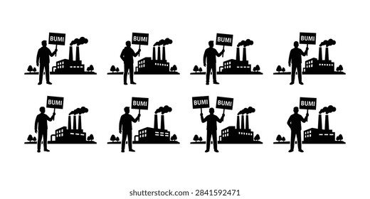Collection of black vector silhouettes featuring laborers holding placards with text in front of factory smoke stacks representing industrial strike or protest