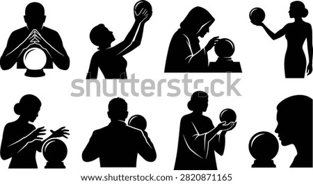 A collection of black vector silhouettes featuring fortune tellers, mystics, and psychics gazing into crystal balls and holding glowing orbs for witchcraft, divination, and Halloween themes.