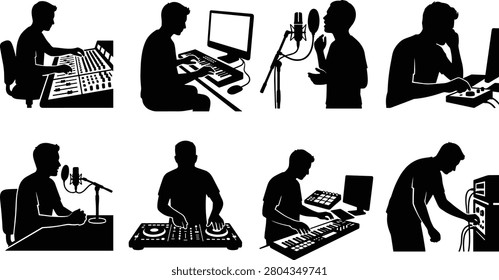 A collection of black vector silhouettes illustrating various audio professionals, music producers, and recording studio workflows. The graphics depict mixing console operations, vocal tracking, podcast broadcasting, electronic music composition, DJing, and hardware hardware adjustments.