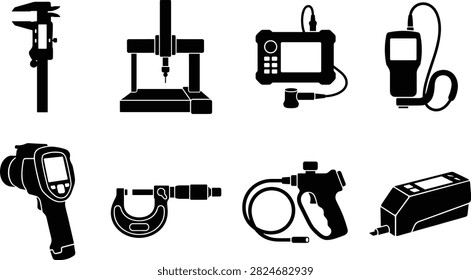 A collection of black vector silhouettes representing precision measuring instruments and quality control equipment, including calipers, micrometers, thermal cameras, and electronic testers. Ideal for industrial manufacturing graphics, quality assurance manuals, engineering infographics, and technical software interfaces.