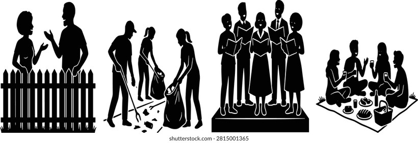 A collection of black vector silhouettes showcasing community life, including neighbors chatting over a fence, volunteers cleaning litter, a church choir performance, and friends having a picnic. Ideal for civic engagement, social connection, and neighborhood community designs.