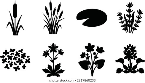A collection of black vector silhouettes showcasing various aquatic and wetland plants, including cattails, lily pads, duckweed, and marsh flowers. Perfect for botanical illustrations, environmental education materials, landscaping designs, and nature-themed graphics.