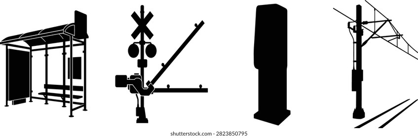 A collection of black vector silhouettes showcasing essential railway and urban public transportation infrastructure elements found in image_1aa0e8.png. This set includes a commuter bus shelter, a railroad crossing barrier gate, a self-service ticket terminal, and an overhead power line mast for municipal transit designs.