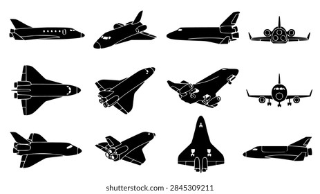 Collection of black vector silhouettes of space shuttles and airplanes for aviation design