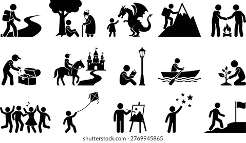 Collection of black vector stick figure icons showing various human activities and daily life moments in a simple minimalist style for creative design projects