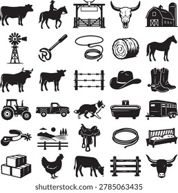 Collection of black vector symbols depicting livestock farming western heritage horses cowboys farm vehicles and equipment on clean white background for professional use.