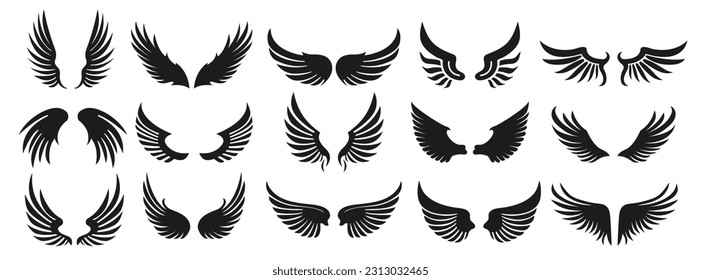 Collection of black vector wings for logo or emblem design. Bird wings, angel wings elements.