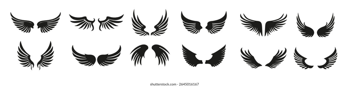 Collection of black vector wings for logo or emblem design. Bird wings, angel wings elements. 