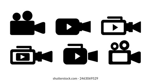 Collection of black video camera and camcorder icons with various styles for multimedia use.