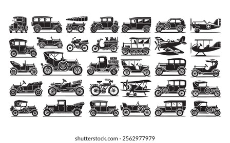 collection of black vintage vehicle silhouettes, including classic cars, motorcycles, bicycles, and airplanes. Ideal for retro, transportation, and history designs