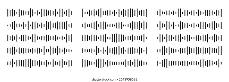 Collection of black voice message equalizer vector icons. Audio soundwave ui design element. Modern visualization frequency for music player interface.