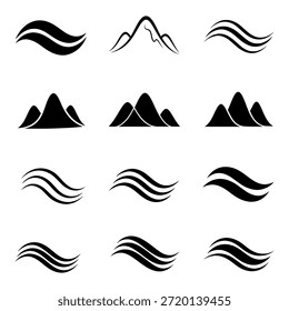 Collection of black wave and mountain silhouettes on white background, varying designs.