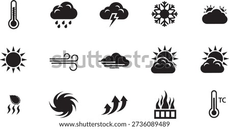 Collection of black weather including thermometer rain cloud lightning snowflake sun and fire