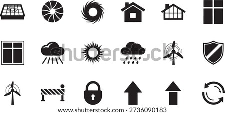 Collection of black weather and security including houses windows and a shield symbol