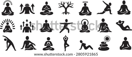 Collection of black wellness icons with meditating figures sun rays and tree symbol