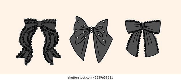 Collection of black whimsical ribbon bow in cute girly coquette core style. Various bows, tie up, gift bow set. Beautiful vintage decorative elements. Line art outline doodle hand drawn illustration