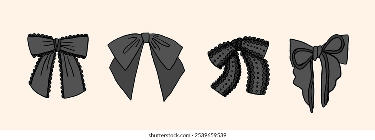 Collection of black whimsical ribbon bow in cute girly coquette core style. Various bows, tie up, gift bow set. Beautiful vintage decorative elements. Line art outline doodle hand drawn illustration