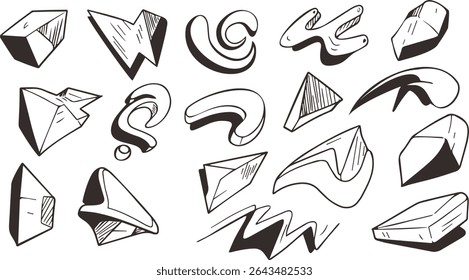 A collection of black and white 3D abstract shape illustrations in hand sketch style.