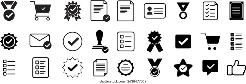 Collection of Black and White achievement, certificate, checklist, communication, verified, approval, award, medal icon vector on white background 