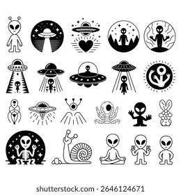 Collection of black and white alien and UFO illustrations in a simple cartoon style. Various poses and designs.