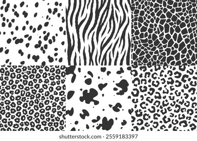 A collection of black and white animal skin seamless patterns. Dalmatian fur, zebra stripes, giraffe, cow, leopard, cheetah or jaguar spots. Safari style textures for fashion, textiles, graphic design