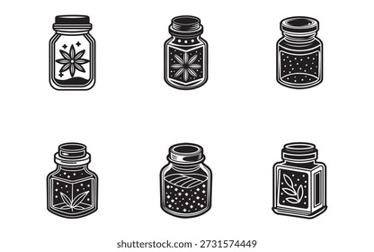 Coleção de potes de apotecário preto e branco com elementos da natureza para feitiços e poções ilustrações conjunto