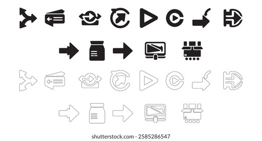Collection of Black and White Arrow and Icon Graphics, Different cursor arrow direction symbols in flat style.