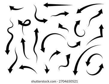 Colección de iconos de vector de flecha en blanco y negro. Incluye varios estilos: flechas rectas, curvas, retorcidas, circulares y en espiral. Elementos de diseño para uso de Web, impresión o infografía.