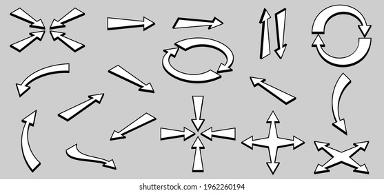 A collection of black and white arrows in different angles on a gray background.Set of a variety of curved,angular and linear arrows on a white background.Application in various types of design.