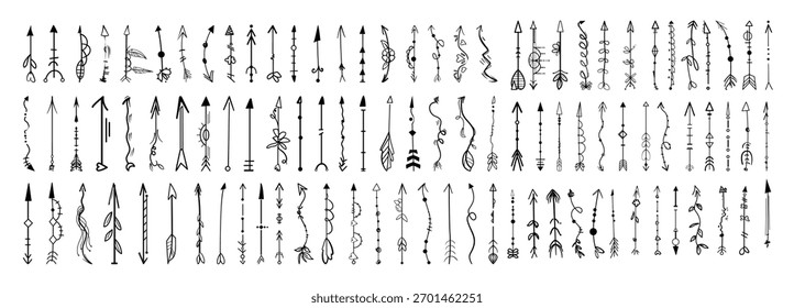 Collection of black and white arrows in hand drawing style. Objects for creating tattoos, stickers, valentines.