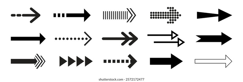 Collection of black and white arrows. Various arrow designs, including dotted and solid. Arrows pointing right. Arrows in different styles and shapes. Element vector set.