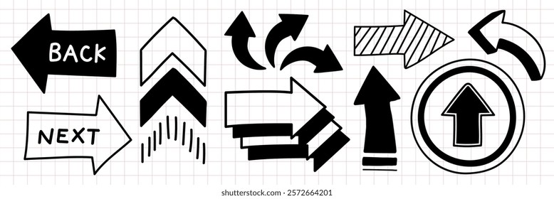 A collection of black and white arrows in various styles and directions, including curved, straight, and circular arrows, on a grid background. Hand drawn element vector set.