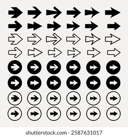 Collection of black and white arrows in various styles. Includes solid, outlined, and circular arrows. Arrows pointing right in different designs. Element vector set.