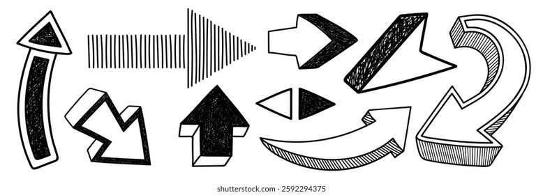 A collection of black and white arrows in various styles and directions. Arrows pointing up, down, left, and right. Sketch-style arrows for design use. Hand drawn element vector set.