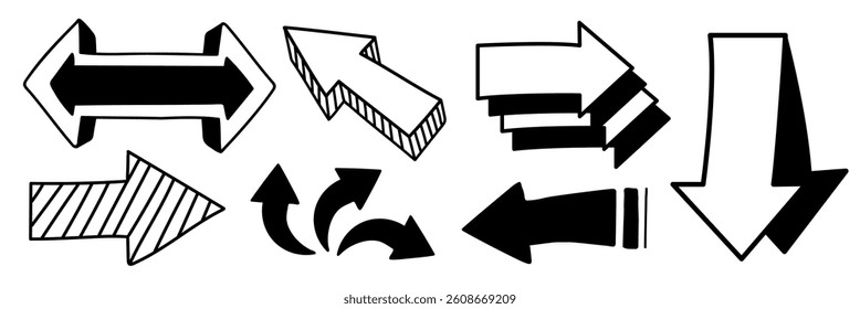A collection of black and white arrows in various styles and directions. Arrows pointing left, right, up, and down. Bold, sketchy, and striped arrows. Hand drawn element vector set.