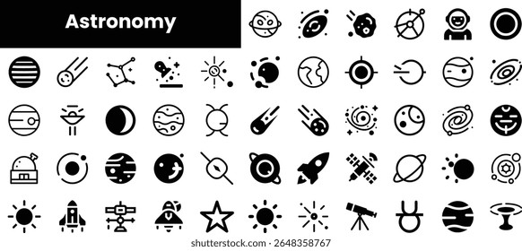 A collection of black and white astronomy icons, including planets, stars, and spacecraft, representing various celestial bodies and concepts in a simple, modern design.