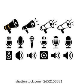 Collection of Black and White Audio Icons Megaphones Microphones and Speakers Modern Simple Style Communication and Broadcasting Concept