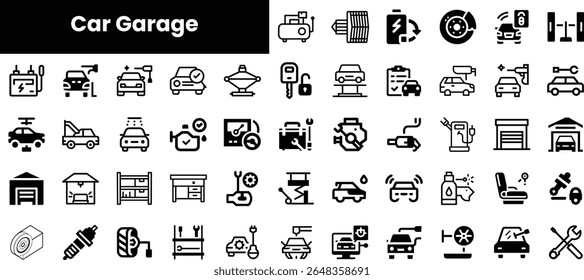 Uma coleção de ícones automotivos preto e branco que retratam várias ferramentas e equipamentos de garagem de carros, mostrando a essência da manutenção e reparação de veículos.